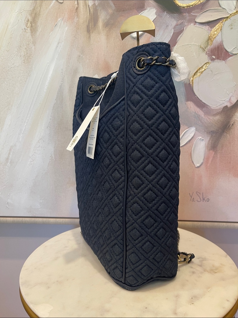 NWT Tory Burch Fleming Denim Quilted Navy Large Backpack with Chain - Picture 2 of 7